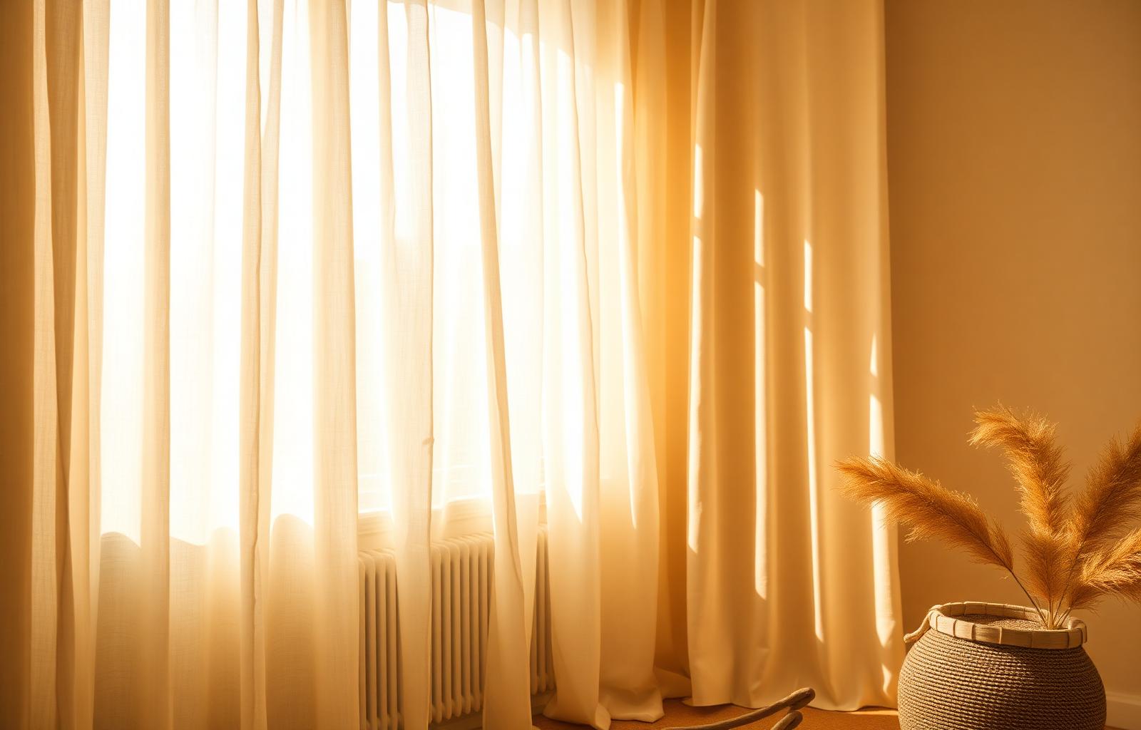 Quiet sunlit sanctuary with warm linen drapes